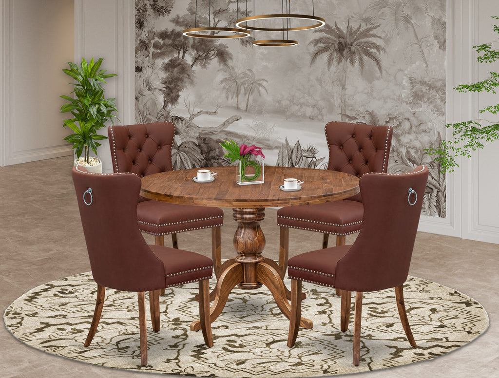 Luxe by East West Furniture I6DA5-40N-26 5-Pc Mid Century Table Set Consist a Wood Dining Table and 4 Burgundy Faux Leather Chairs with Button-Tufted Back, Antique Walnut