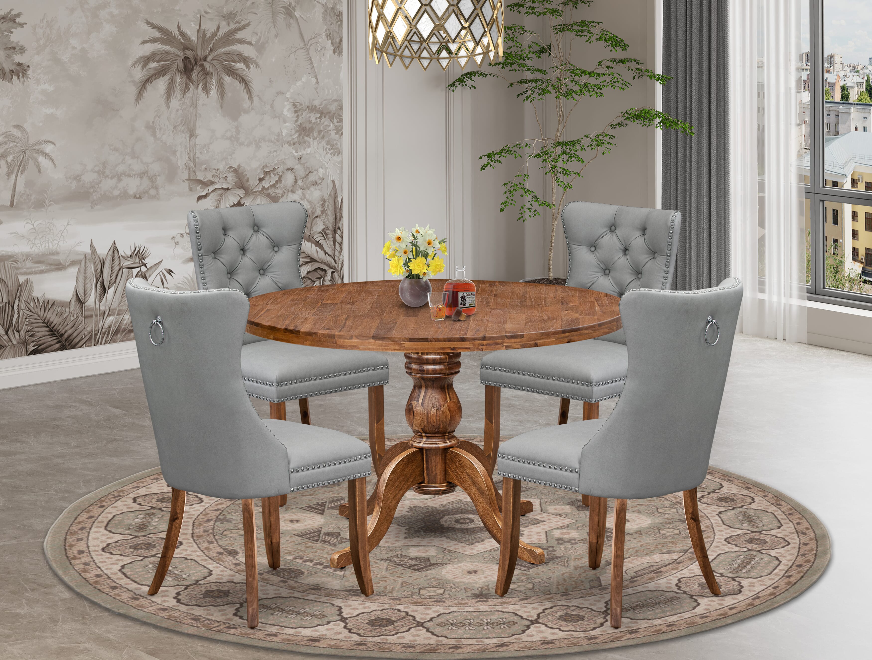 Luxe by East West Furniture I6DA5-40N-27 5-Pc Kitchen Table Set Consist a Table and 4 Light Gray Faux Leather Upholstered Dining Chairs with Button-Tufted Back, Antique Walnut