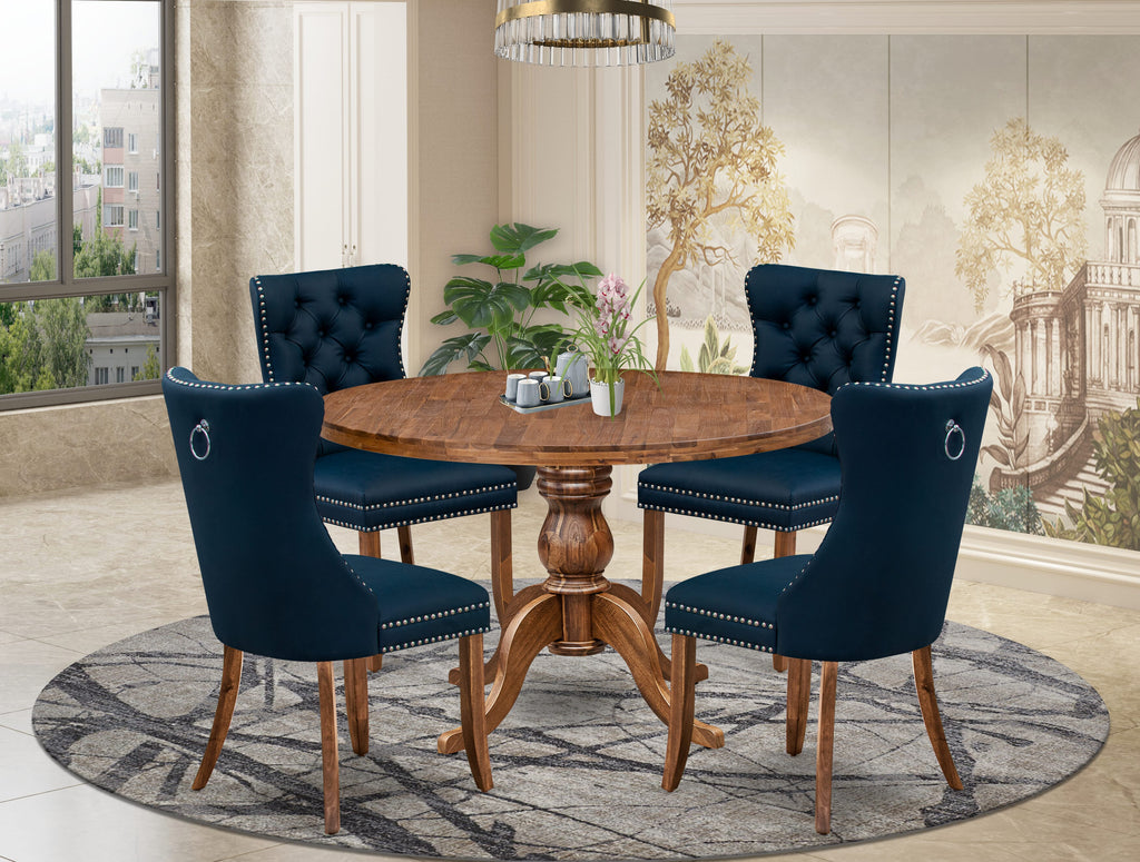 Luxe by East West Furniture I6DA5-40N-29 5-Piece Kitchen Table Set with Faux Leather 4 Navy Blue Dining chairs, Button-Tufted Backs, and a 48"Round Table in Antique Walnut Finish.
