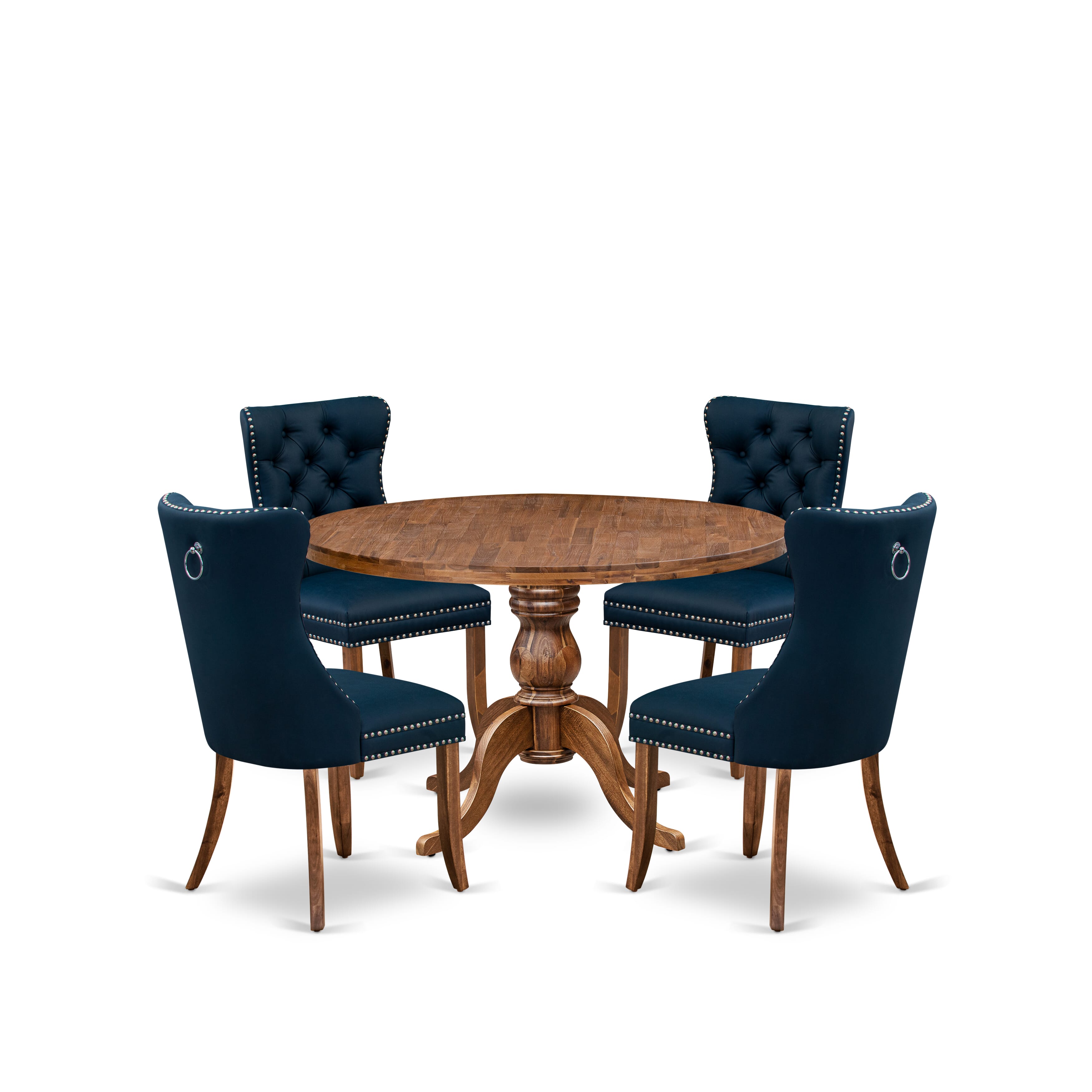 Luxe by East West Furniture I6DA5-40N-29 5-Piece Kitchen Table Set with Faux Leather 4 Navy Blue Dining chairs, Button-Tufted Backs, and a 48"Round Table in Antique Walnut Finish.