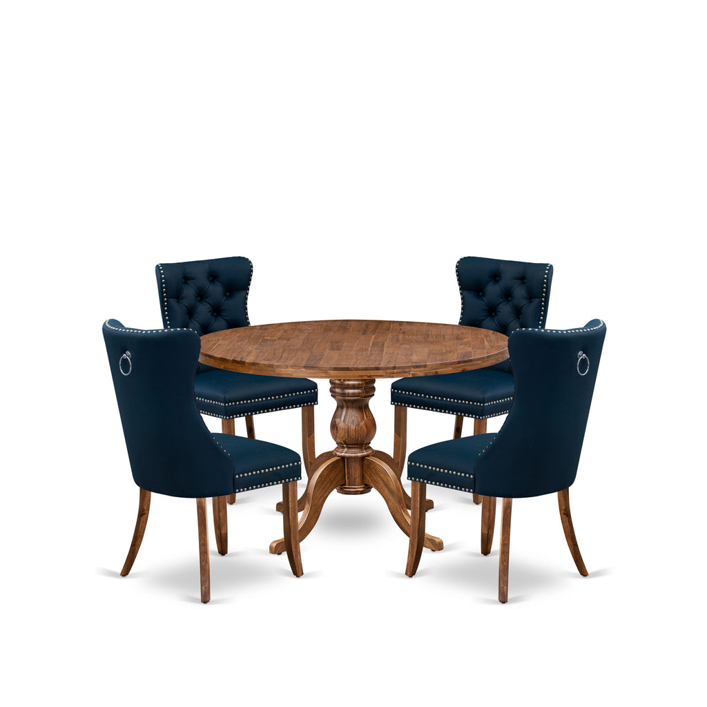 Luxe by East West Furniture I6DA5-40N-29 5-Piece Kitchen Table Set with Faux Leather 4 Navy Blue Dining chairs, Button-Tufted Backs, and a 48"Round Table in Antique Walnut Finish.