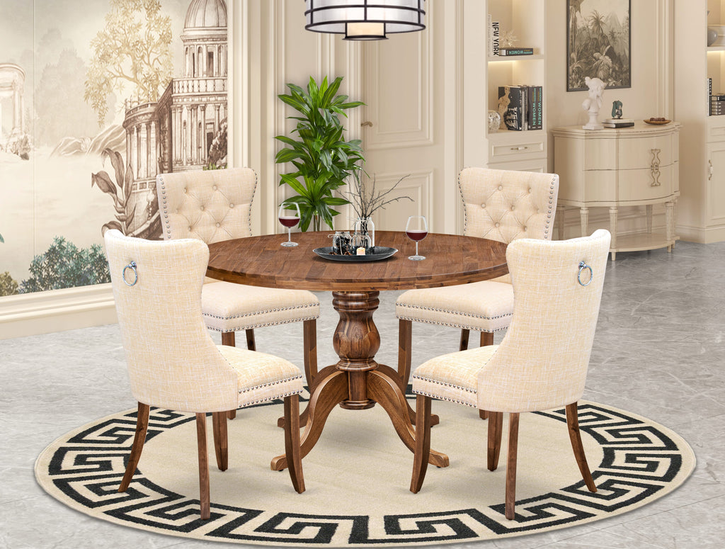 Luxe by East West Furniture I6DA5-40N-32 5-Piece Modern Dining Table Set with Linen Fabric 4 Light Beige kitchen chairs, Button-Tufted Backs, and a 48"Round Table in Antique Walnut Finish.