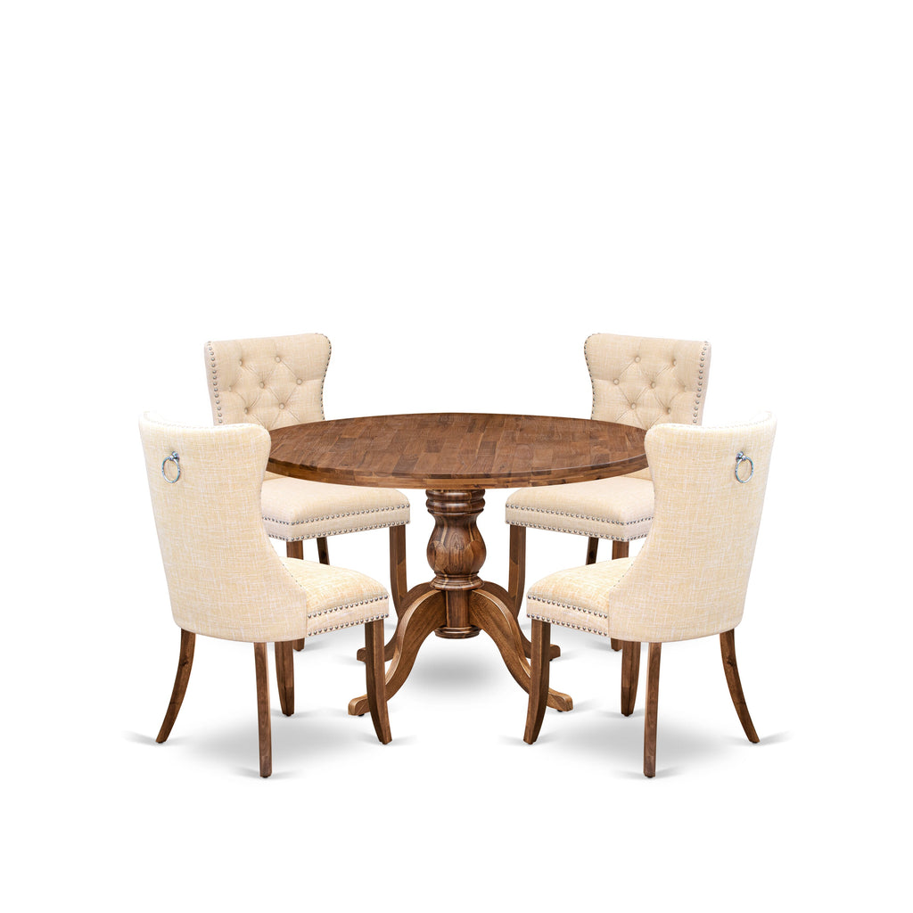 Luxe by East West Furniture I6DA5-40N-32 5-Piece Modern Dining Table Set with Linen Fabric 4 Light Beige kitchen chairs, Button-Tufted Backs, and a 48"Round Table in Antique Walnut Finish.