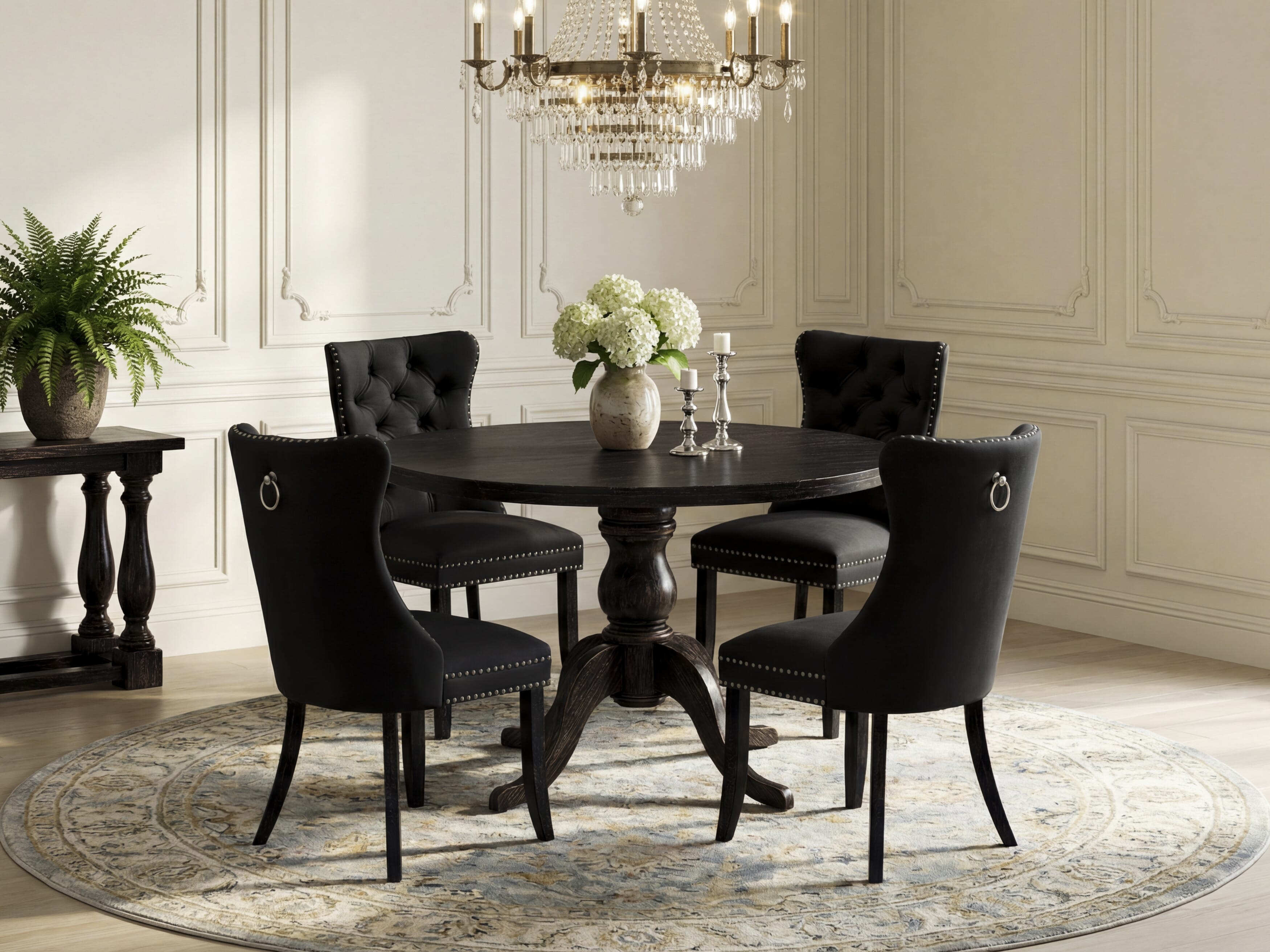 Luxe by East West Furniture I6DA5-411-12 5-Piece Modern Dining Room Set with Faux Leather 4 Dark Gray dining chairs, Button-Tufted Backs, and a 48"Round Table in Sand Blasted Black Finish.