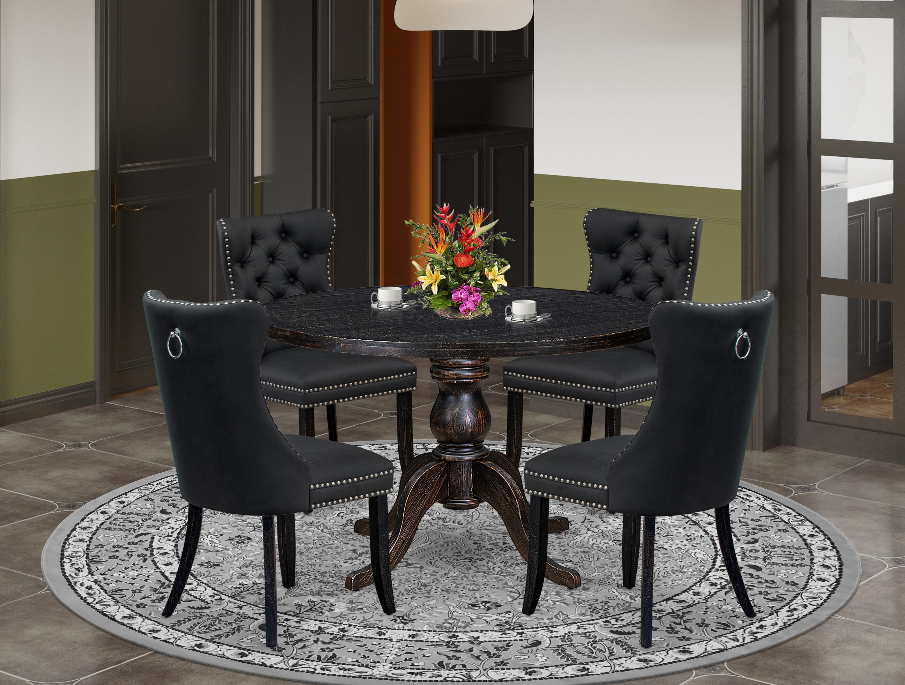 Luxe by East West Furniture I6DA5-411-12 5-Piece Modern Dining Room Set with Faux Leather 4 Dark Gray dining chairs, Button-Tufted Backs, and a 48"Round Table in Sand Blasted Black Finish.