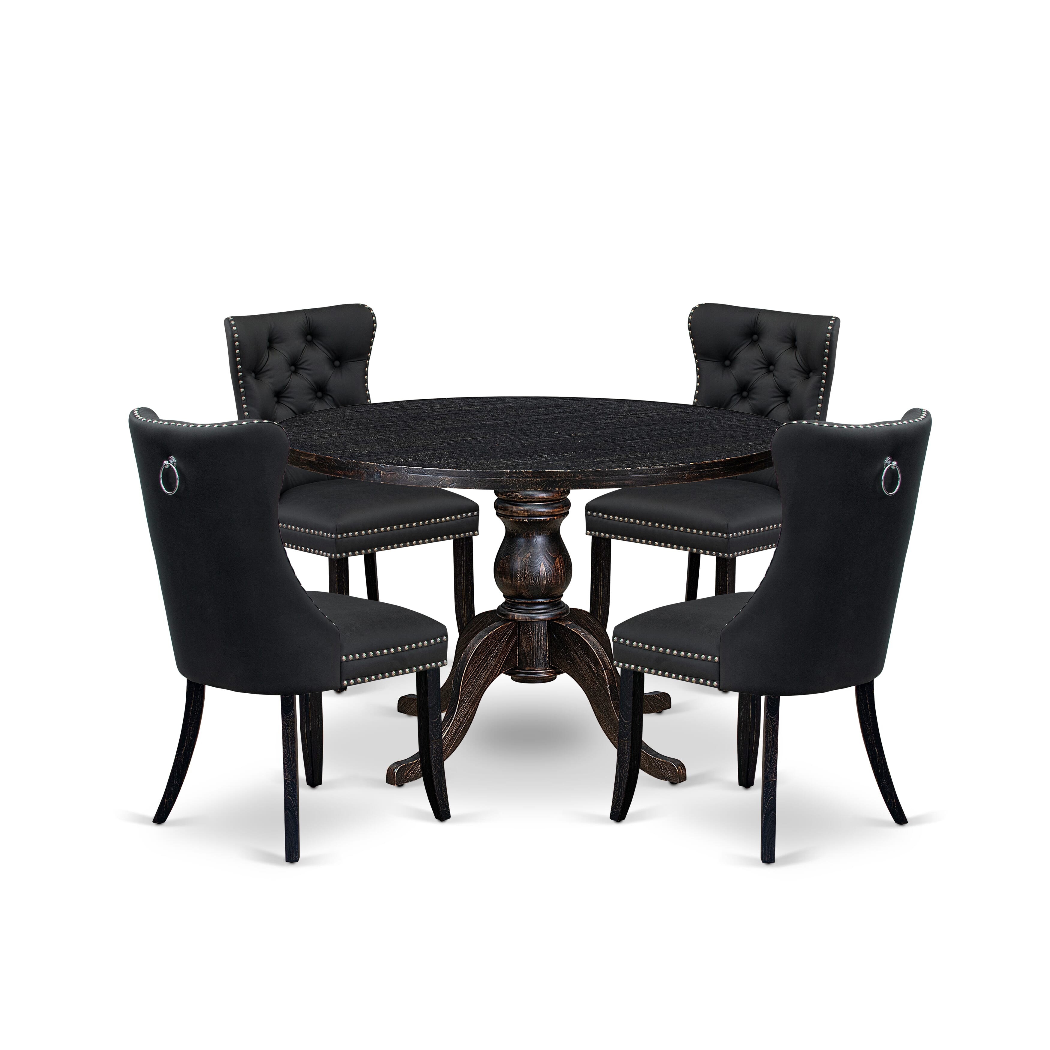 Luxe by East West Furniture I6DA5-411-12 5-Piece Modern Dining Room Set with Faux Leather 4 Dark Gray dining chairs, Button-Tufted Backs, and a 48"Round Table in Sand Blasted Black Finish.