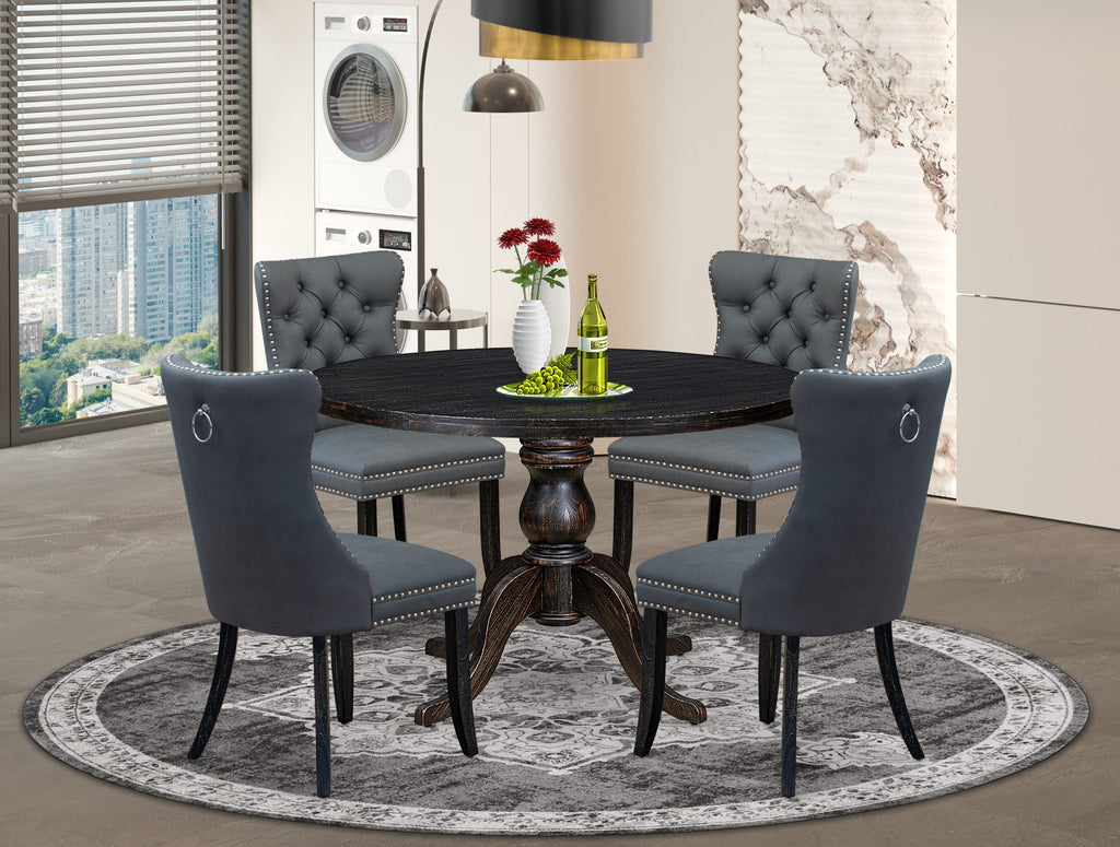 Luxe by East West Furniture I6DA5-411-13 5-piece Dining Table Set with Faux Leather 4 Platinum Gray dining chairs, Button-Tufted Backs, and a 48"Round Table in Sand Blasted Black Finish.