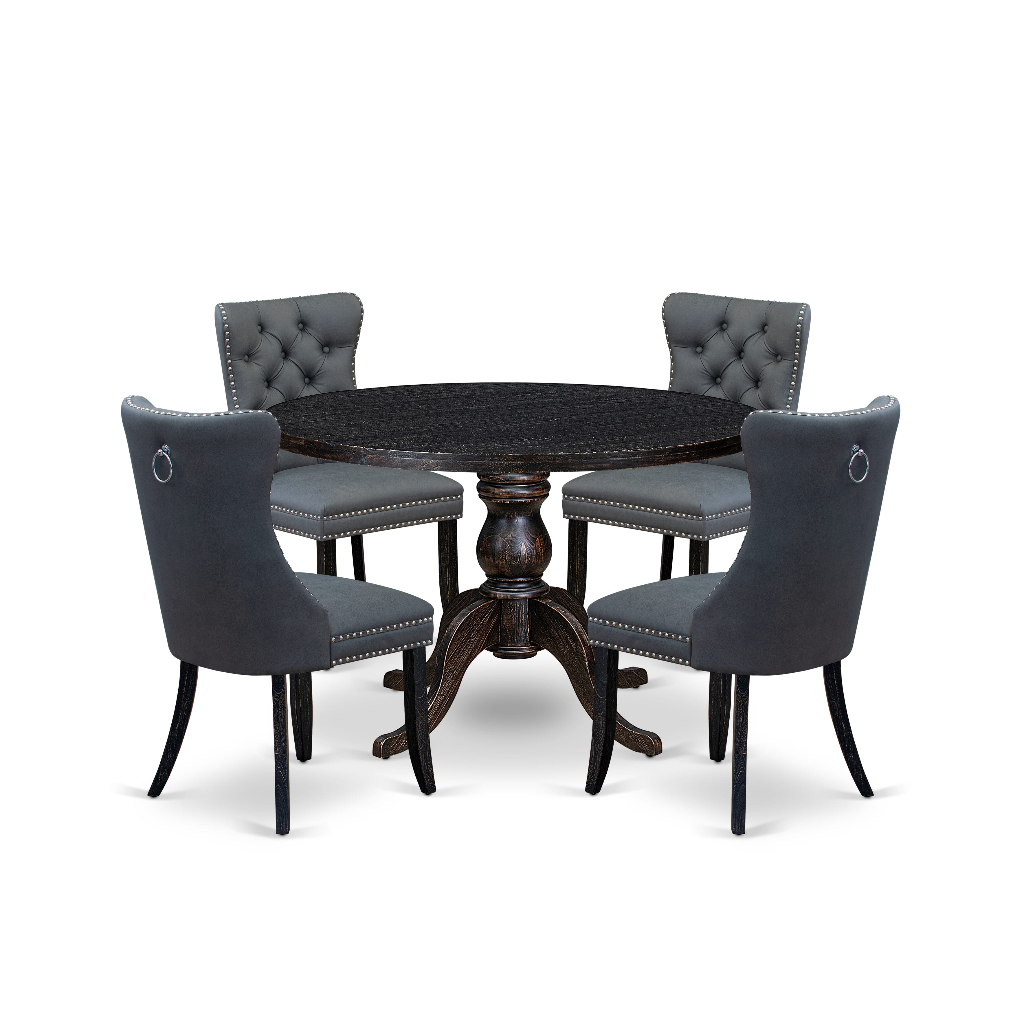 Luxe by East West Furniture I6DA5-411-13 5-piece Dining Table Set with Faux Leather 4 Platinum Gray dining chairs, Button-Tufted Backs, and a 48"Round Table in Sand Blasted Black Finish.