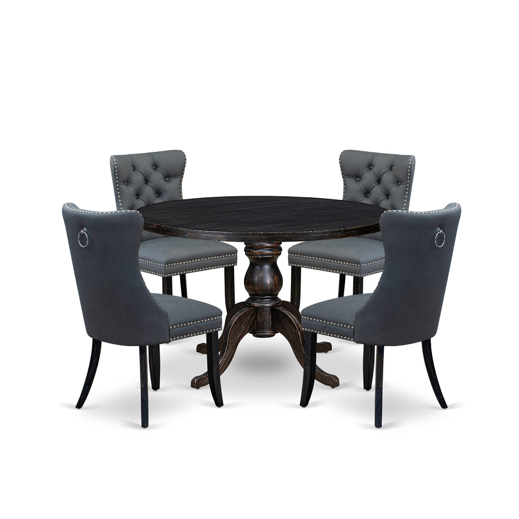 Luxe by East West Furniture I6DA5-411-13 5-piece Dining Table Set with Faux Leather 4 Platinum Gray dining chairs, Button-Tufted Backs, and a 48"Round Table in Sand Blasted Black Finish.