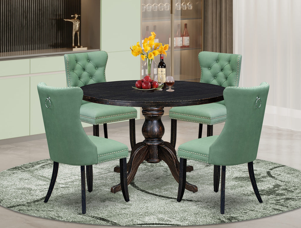 Luxe by East West Furniture I6DA5-411-22 5 Piece Dining Set Includes a 48" Round Table with Pedestal and 4 Willow Green Faux Leather Upholstered Chairs, Sand Blasted Black