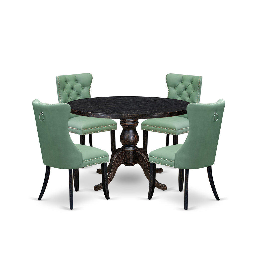 Luxe by East West Furniture I6DA5-411-22 5 Piece Dining Set Includes a 48" Round Table with Pedestal and 4 Willow Green Faux Leather Upholstered Chairs, Sand Blasted Black