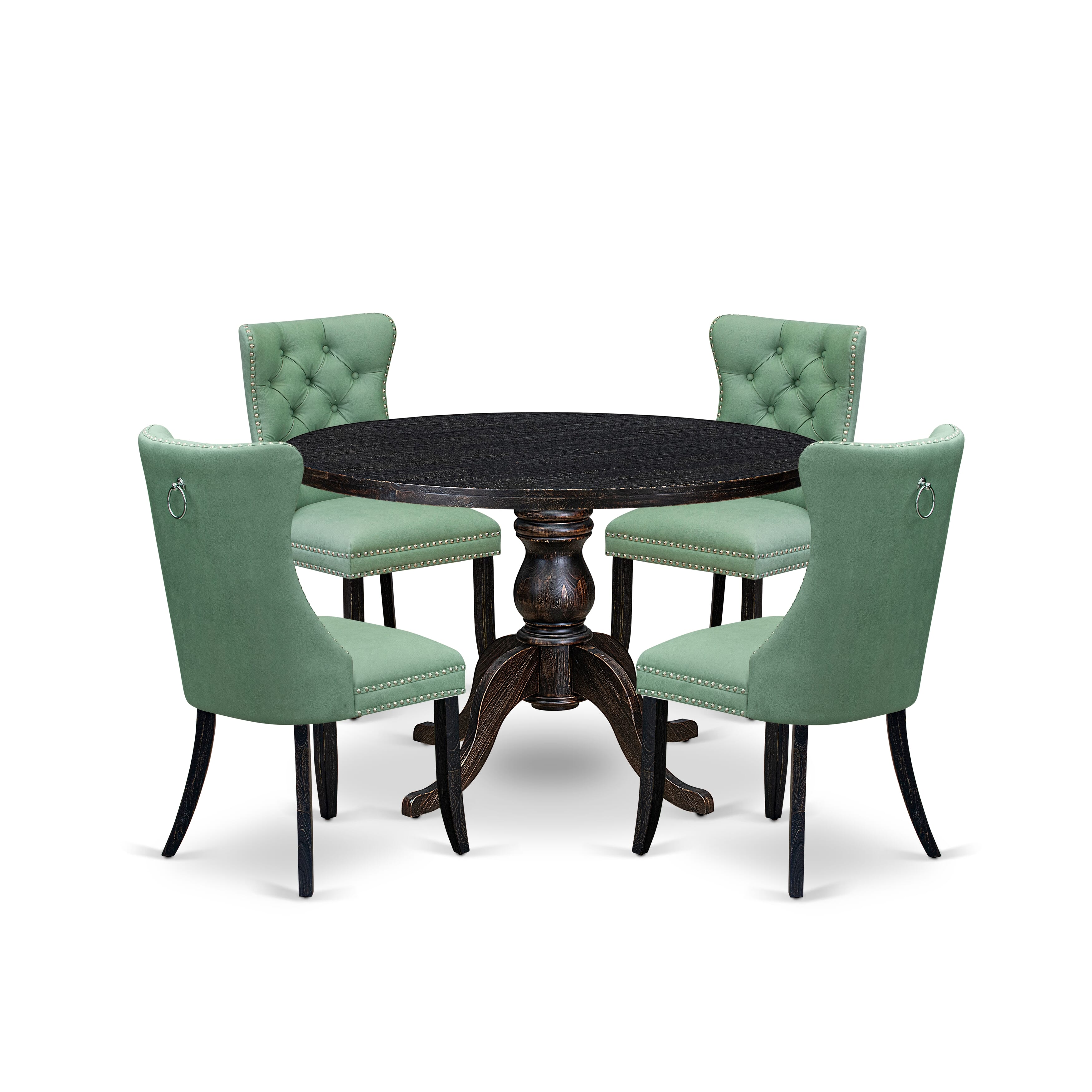 Luxe by East West Furniture I6DA5-411-22 5 Piece Dining Set Includes a 48" Round Table with Pedestal and 4 Willow Green Faux Leather Upholstered Chairs, Sand Blasted Black
