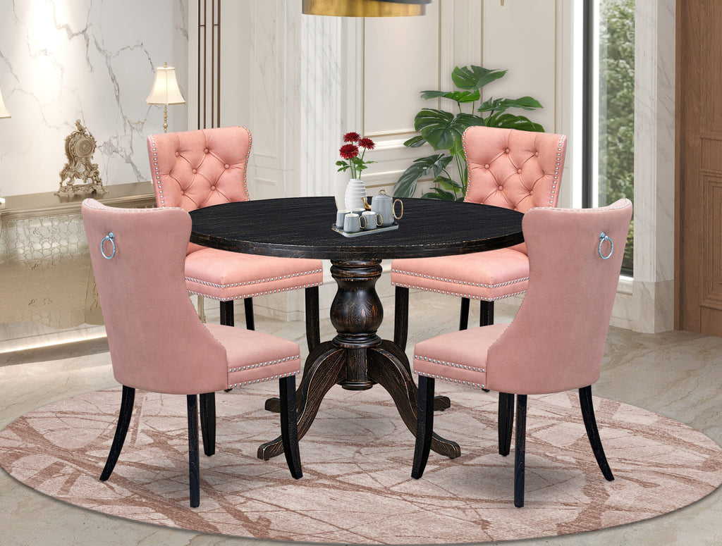 Luxe by East West Furniture I6DA5-411-23 5 Piece Dining Set for 4 Includes a 48" Round Table with Pedestal and 4 Beige Red Faux Leather Upholstered Chairs, Sand Blasted Black