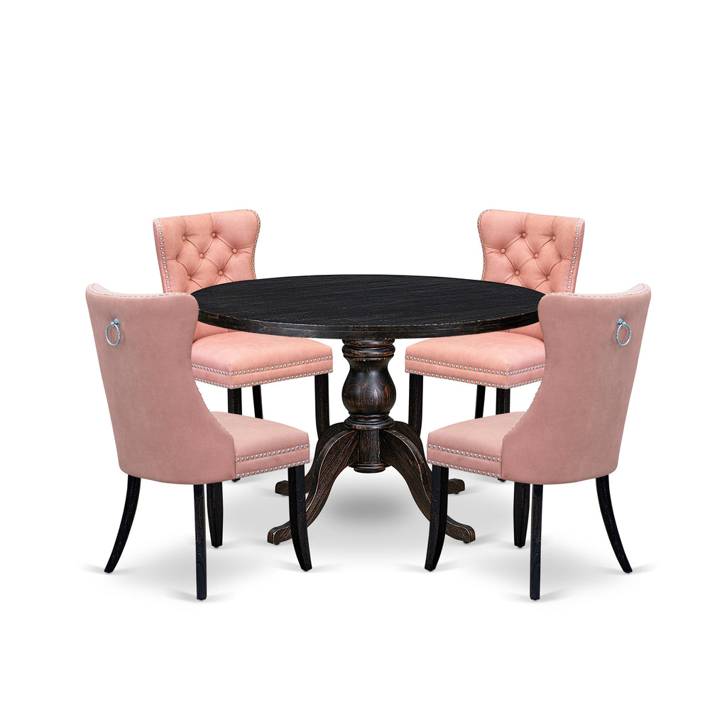 Luxe by East West Furniture I6DA5-411-23 5 Piece Dining Set for 4 Includes a 48" Round Table with Pedestal and 4 Beige Red Faux Leather Upholstered Chairs, Sand Blasted Black