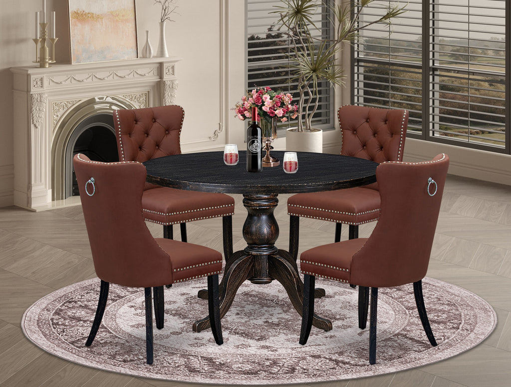 Luxe by East West Furniture I6DA5-411-26 5 Piece Dining Table Set Includes a 48" Round Table with Pedestal and 4 Burgandy Faux Leather Upholstered Chairs, Sand Blasted Black