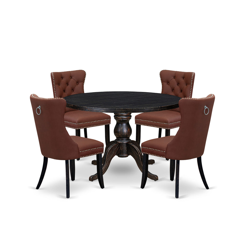 Luxe by East West Furniture I6DA5-411-26 5 Piece Dining Table Set Includes a 48" Round Table with Pedestal and 4 Burgandy Faux Leather Upholstered Chairs, Sand Blasted Black