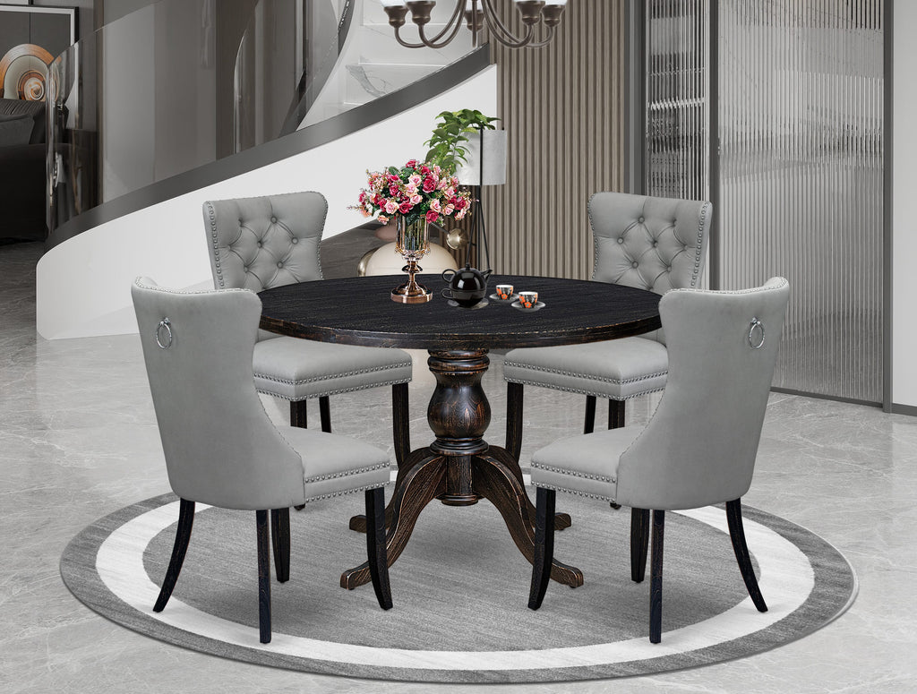 Luxe by East West Furniture I6DA5-411-27 5 Piece Dining Table Set Includes a 48" Round Table with Pedestal and 4 Light Gray Faux Leather Parson Chairs, Sand Blasted Black