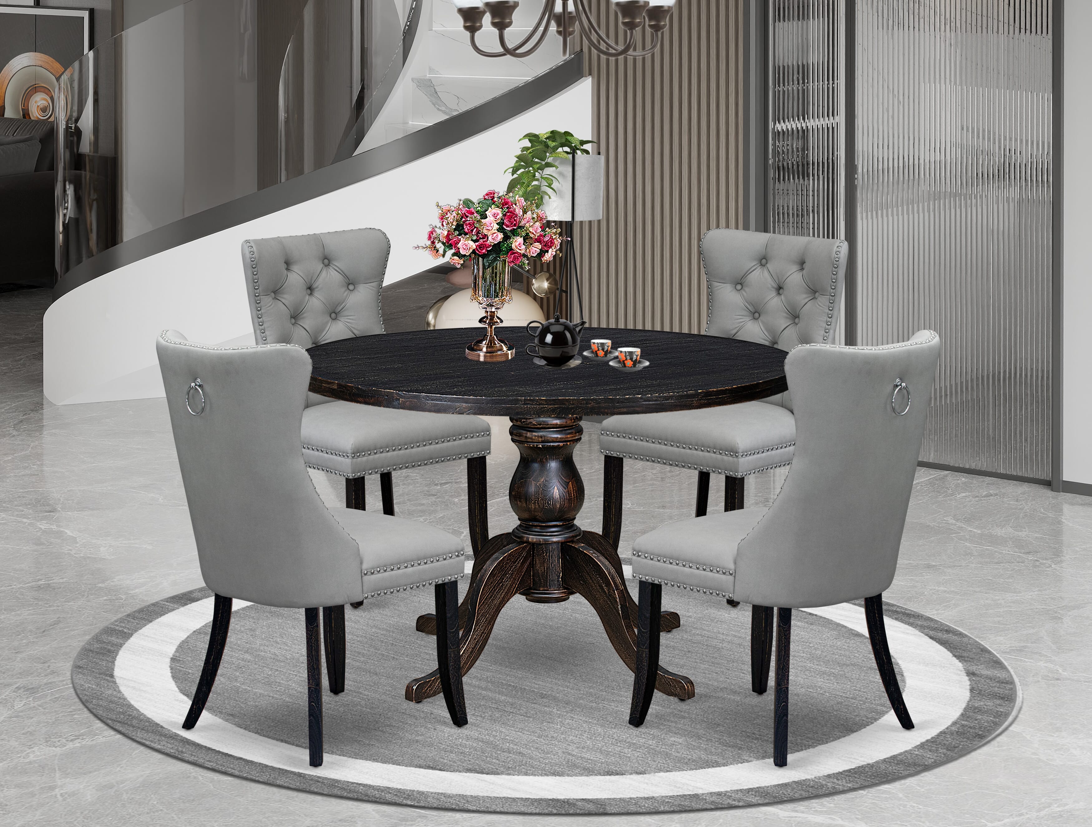 Luxe by East West Furniture I6DA5-411-27 5 Piece Dining Table Set Includes a 48" Round Table with Pedestal and 4 Light Gray Faux Leather Parson Chairs, Sand Blasted Black