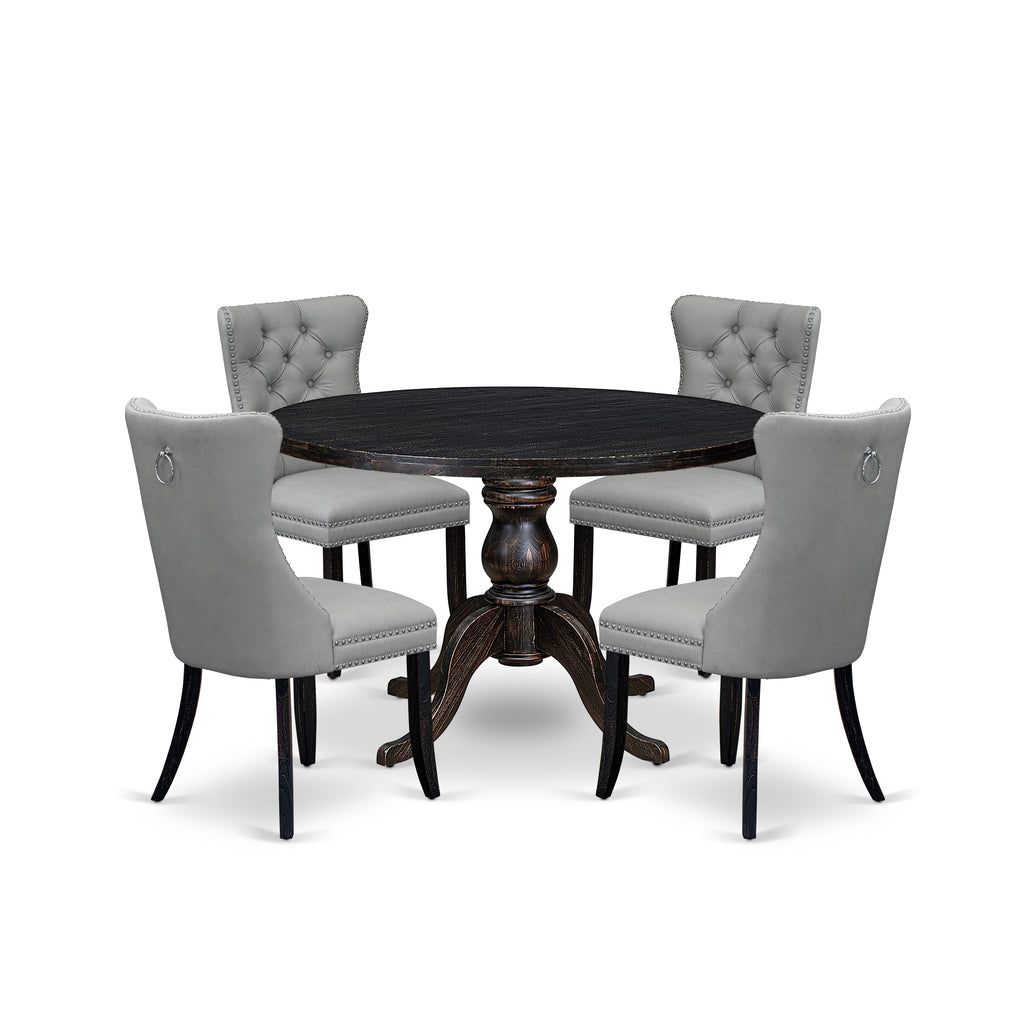 Luxe by East West Furniture I6DA5-411-27 5 Piece Dining Table Set Includes a 48" Round Table with Pedestal and 4 Light Gray Faux Leather Parson Chairs, Sand Blasted Black