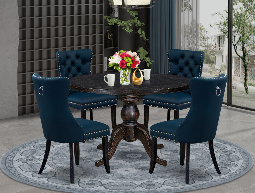 Luxe by East West Furniture I6DA5-411-29 5 Piece Dining Table Set Includes a 48" Round Table with Pedestal and 4 Navy Blue Faux Leather Upholstered Chairs, Sand Blasted Black