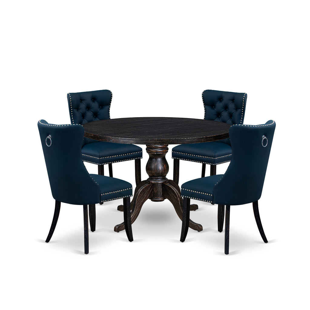 Luxe by East West Furniture I6DA5-411-29 5 Piece Dining Table Set Includes a 48" Round Table with Pedestal and 4 Navy Blue Faux Leather Upholstered Chairs, Sand Blasted Black