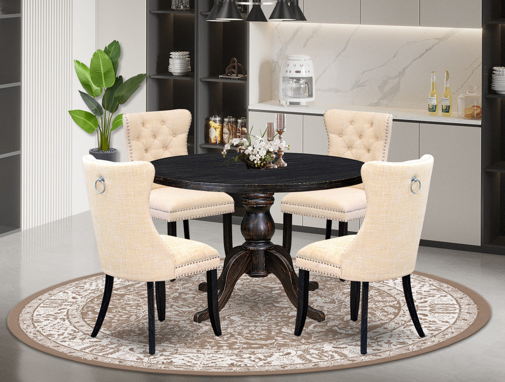 Luxe by East West Furniture I6DA5-411-32 5-pc dining room set consists of a wood table and 4 Light Beige Linen Fabric dining chair with Button Tufted Back - Sand Blasted Black