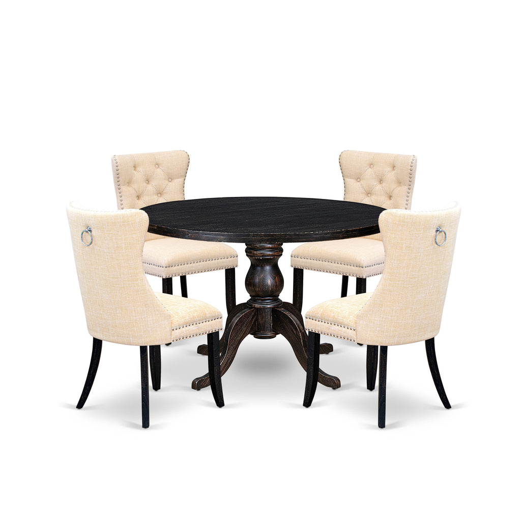 Luxe by East West Furniture I6DA5-411-32 5-pc dining room set consists of a wood table and 4 Light Beige Linen Fabric dining chair with Button Tufted Back - Sand Blasted Black