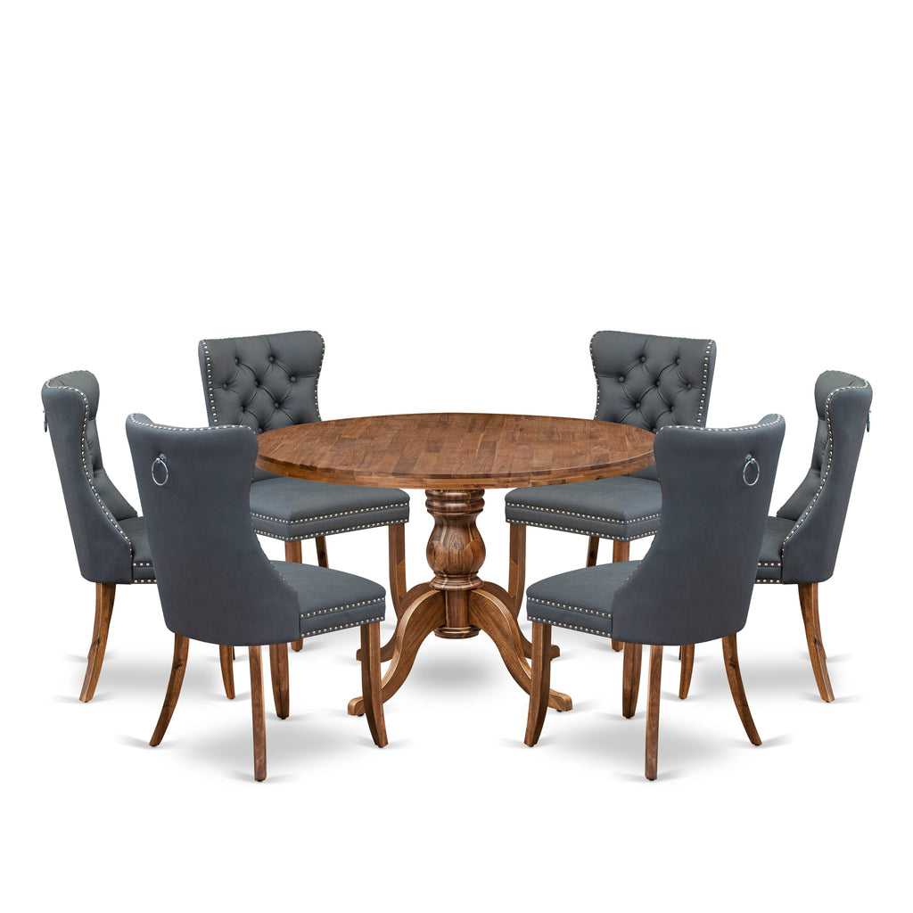 Luxe by East West Furniture I6DA7-40N-13 7-piece Dining table set consists of a Dining Table and 6 Platinum Gray Faux Leather Dining Room Chairs with Button Tufted Back - Antique Walnut Finish