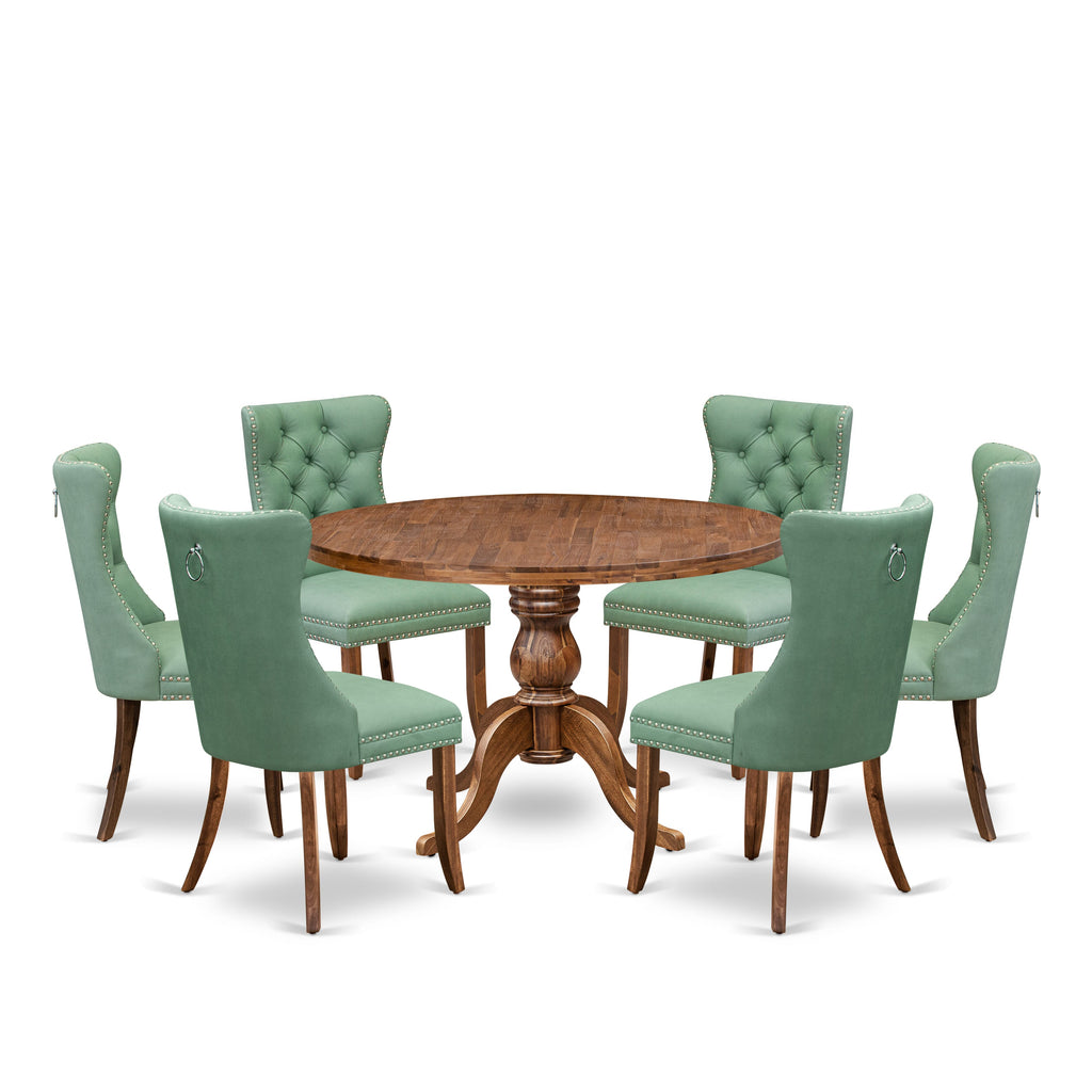 Luxe by East West Furniture I6DA7-40N-22 7-Pc Dining Set Contain a Mid Century Table and 6 Willow Green Faux Leather Upholstered Chairs with Button-Tufted Back, Antique Walnut