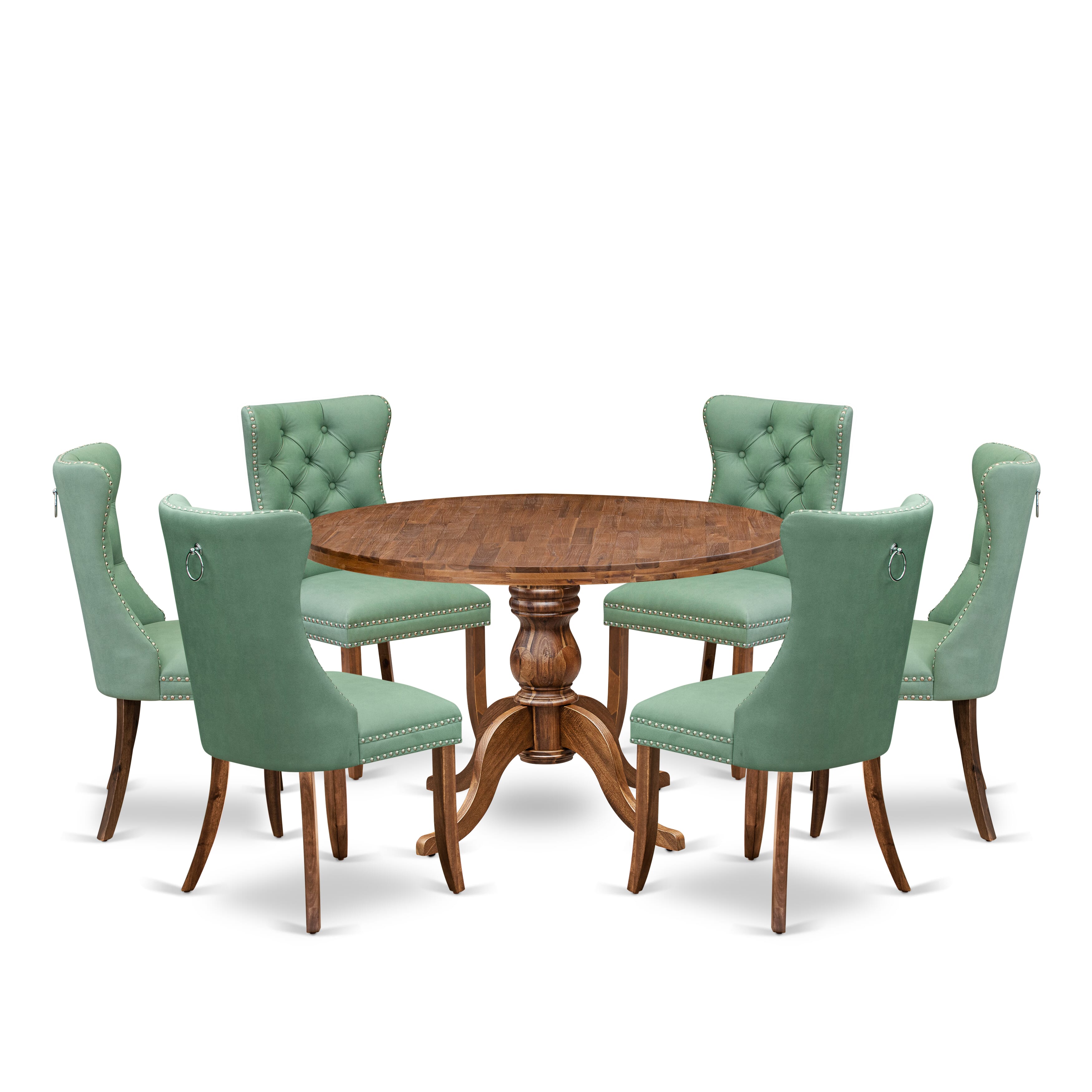 Luxe by East West Furniture I6DA7-40N-22 7-Pc Dining Set Contain a Mid Century Table and 6 Willow Green Faux Leather Upholstered Chairs with Button-Tufted Back, Antique Walnut