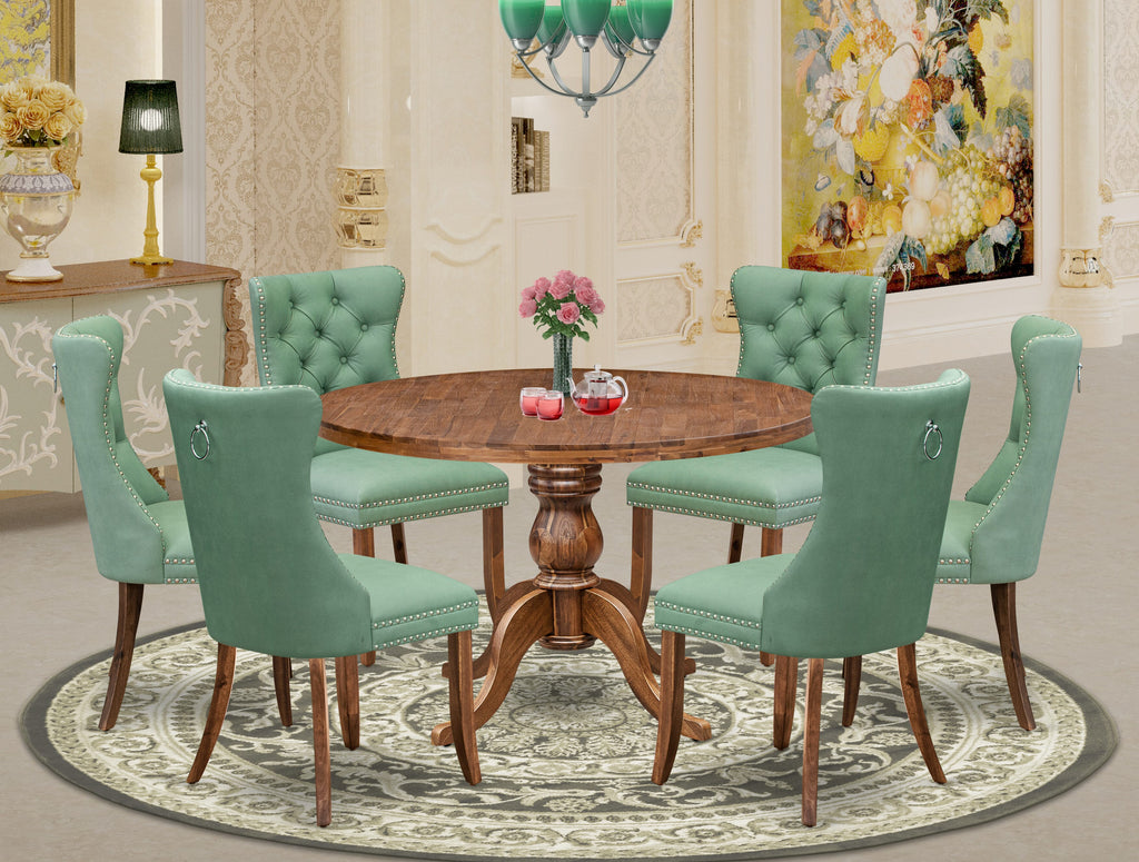 Luxe by East West Furniture I6DA7-40N-22 7-Pc Dining Set Contain a Mid Century Table and 6 Willow Green Faux Leather Upholstered Chairs with Button-Tufted Back, Antique Walnut