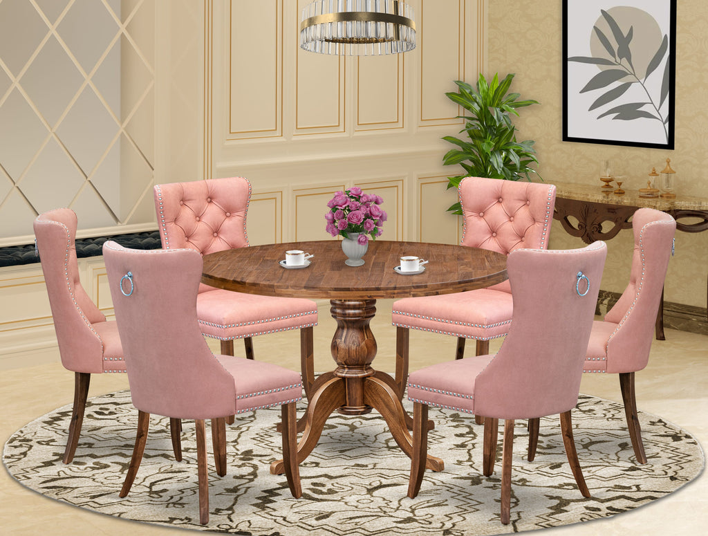Luxe by East West Furniture I6DA7-40N-23 7-Pc Mid Century Dining Set Contain a Table and 6 Beige Red Faux Leather Upholstered Chairs with Button-Tufted Back, Antique Walnut