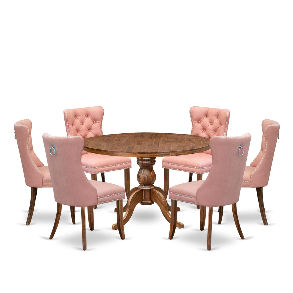 Luxe by East West Furniture I6DA7-40N-23 7-Pc Mid Century Dining Set Contain a Table and 6 Beige Red Faux Leather Upholstered Chairs with Button-Tufted Back, Antique Walnut