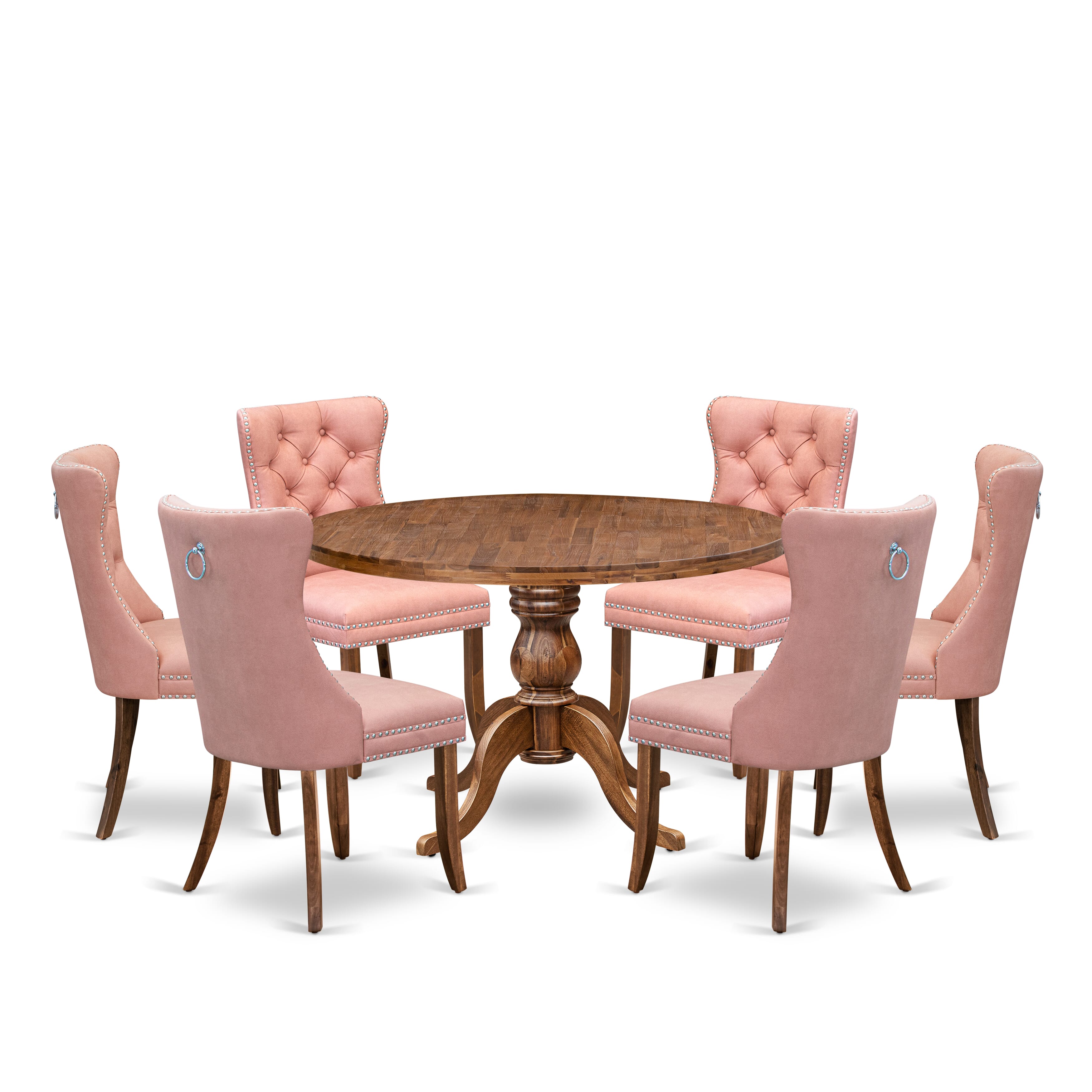 Luxe by East West Furniture I6DA7-40N-23 7-Pc Mid Century Dining Set Contain a Table and 6 Beige Red Faux Leather Upholstered Chairs with Button-Tufted Back, Antique Walnut