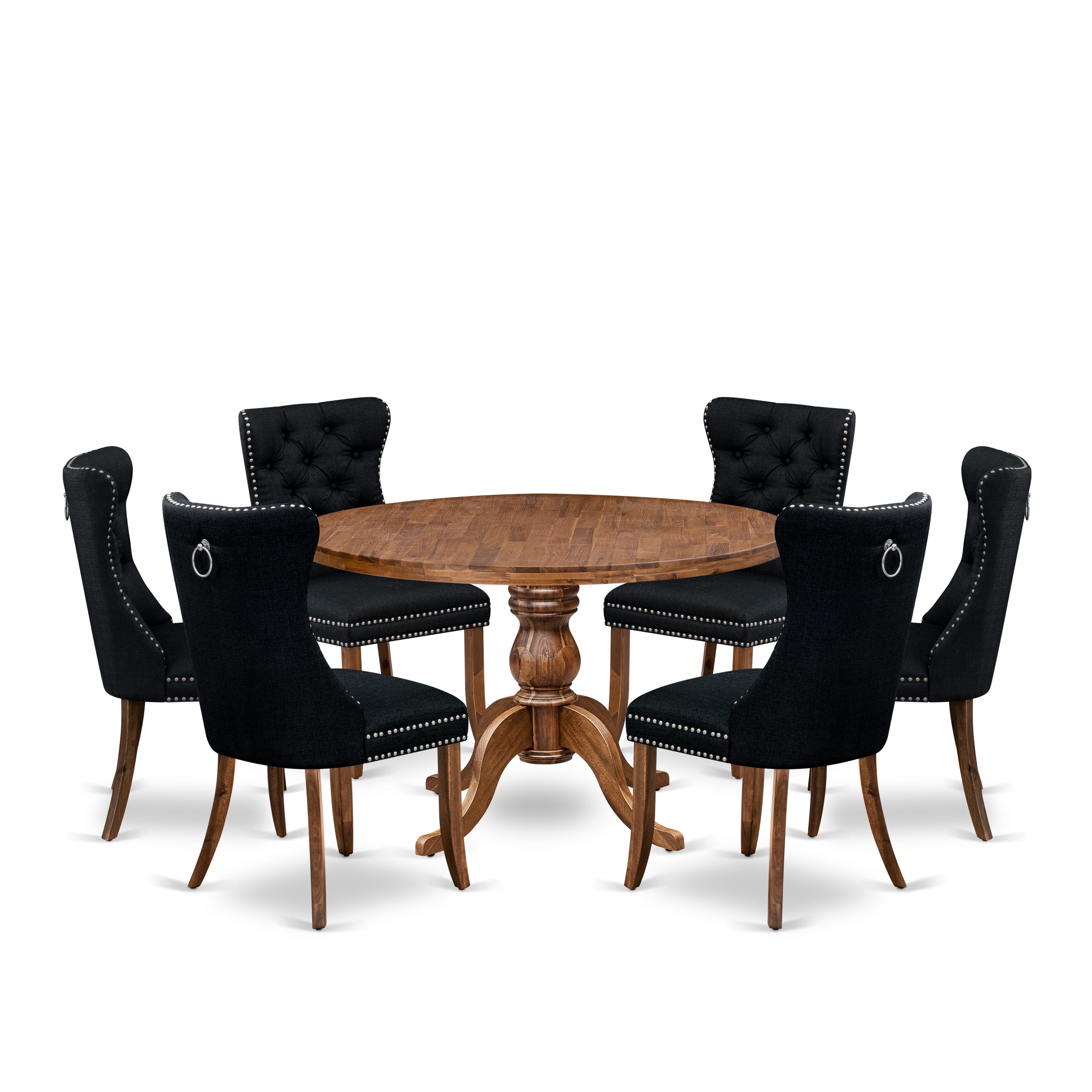 Luxe by East West Furniture I6DA7-40N-24 7-Piece Dining Room Set with Linen Fabric 6 Black parson dining chairs, Button-Tufted Backs, and a 48"Round Kitchen Table in Antique Walnut Finish.