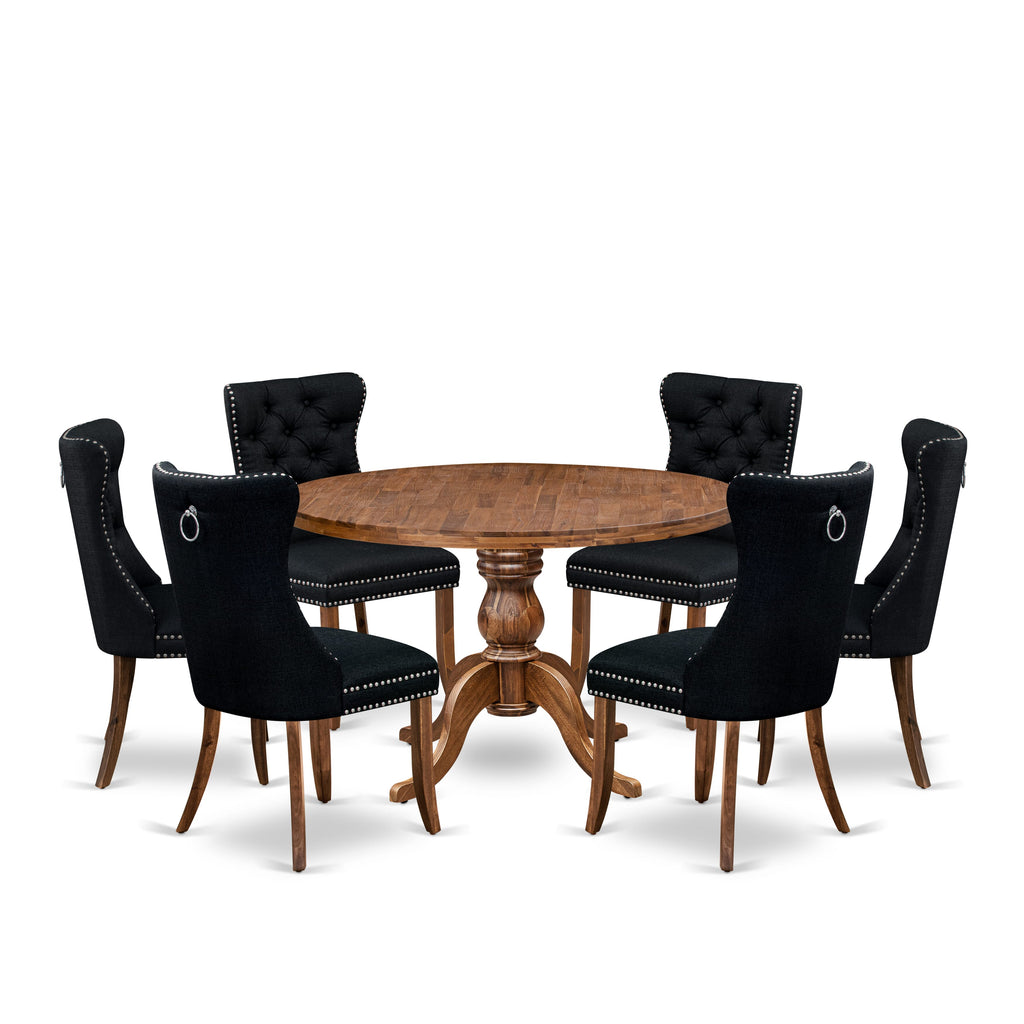 Luxe by East West Furniture I6DA7-40N-24 7-Piece Dining Room Set with Linen Fabric 6 Black parson dining chairs, Button-Tufted Backs, and a 48"Round Kitchen Table in Antique Walnut Finish.