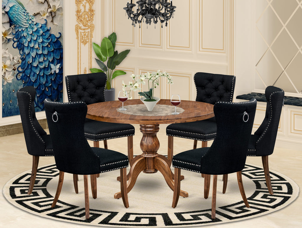 Luxe by East West Furniture I6DA7-40N-24 7-Piece Dining Room Set with Linen Fabric 6 Black parson dining chairs, Button-Tufted Backs, and a 48"Round Kitchen Table in Antique Walnut Finish.