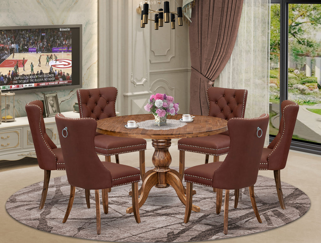 Luxe by East West Furniture I6DA7-40N-26 7-Pc Dinner Table Set Contain a Mid Century Dining Table and 6 Burgundy Faux Leather Chairs with Button-Tufted Back, Antique Walnut