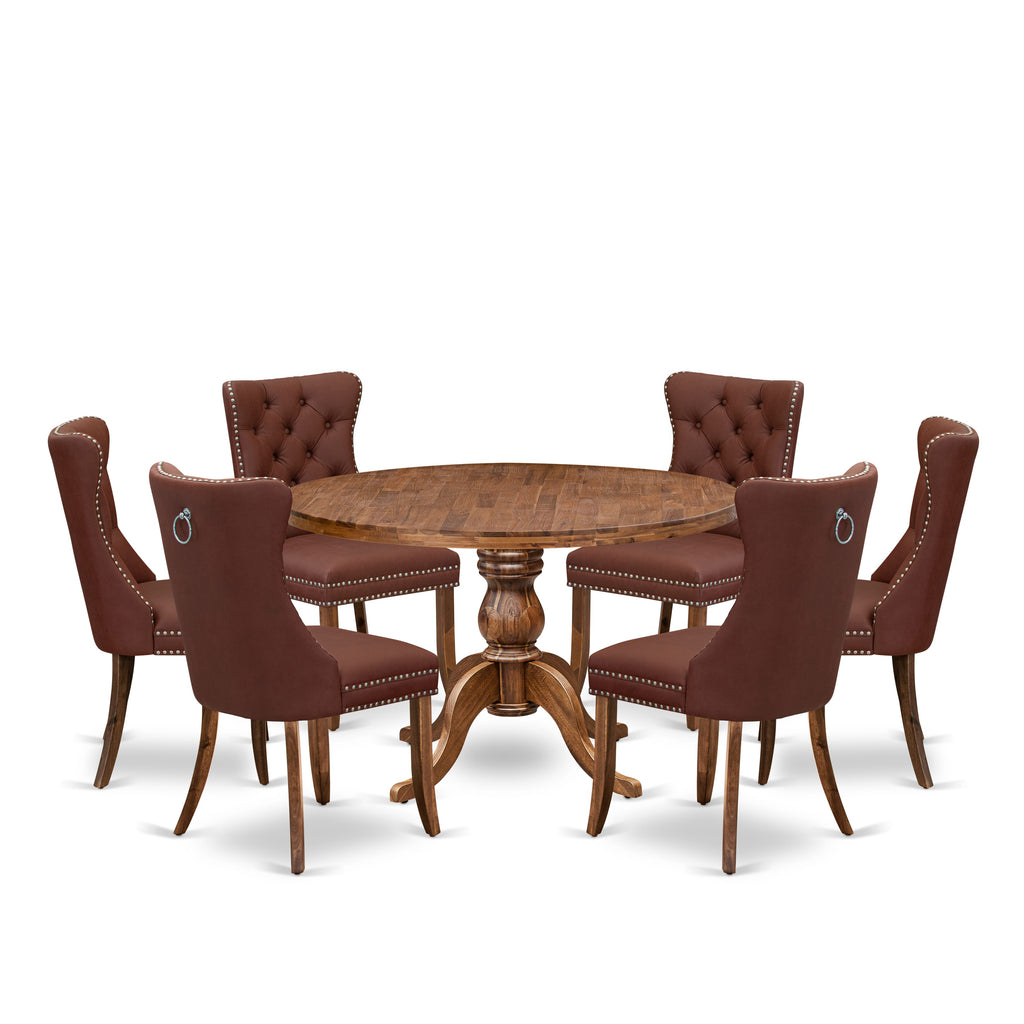 Luxe by East West Furniture I6DA7-40N-26 7-Pc Dinner Table Set Contain a Mid Century Dining Table and 6 Burgundy Faux Leather Chairs with Button-Tufted Back, Antique Walnut