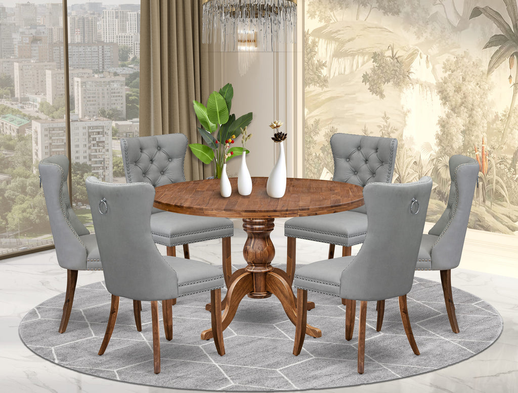 Luxe by East West Furniture I6DA7-40N-27 7-Pc Dining Set Contain a Mid Century Dining Table and 6 Light Gray Faux Leather Chairs with Button-Tufted Back, Antique Walnut