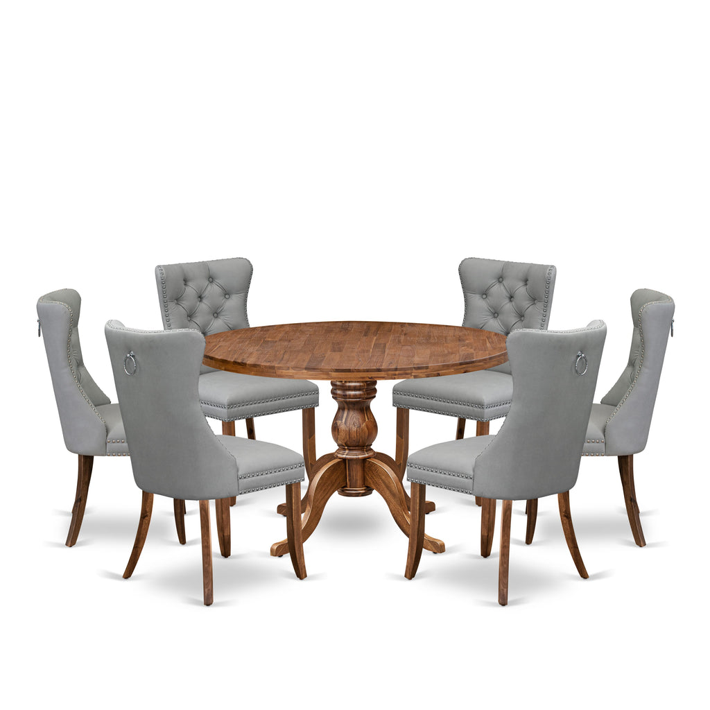 Luxe by East West Furniture I6DA7-40N-27 7-Pc Dining Set Contain a Mid Century Dining Table and 6 Light Gray Faux Leather Chairs with Button-Tufted Back, Antique Walnut