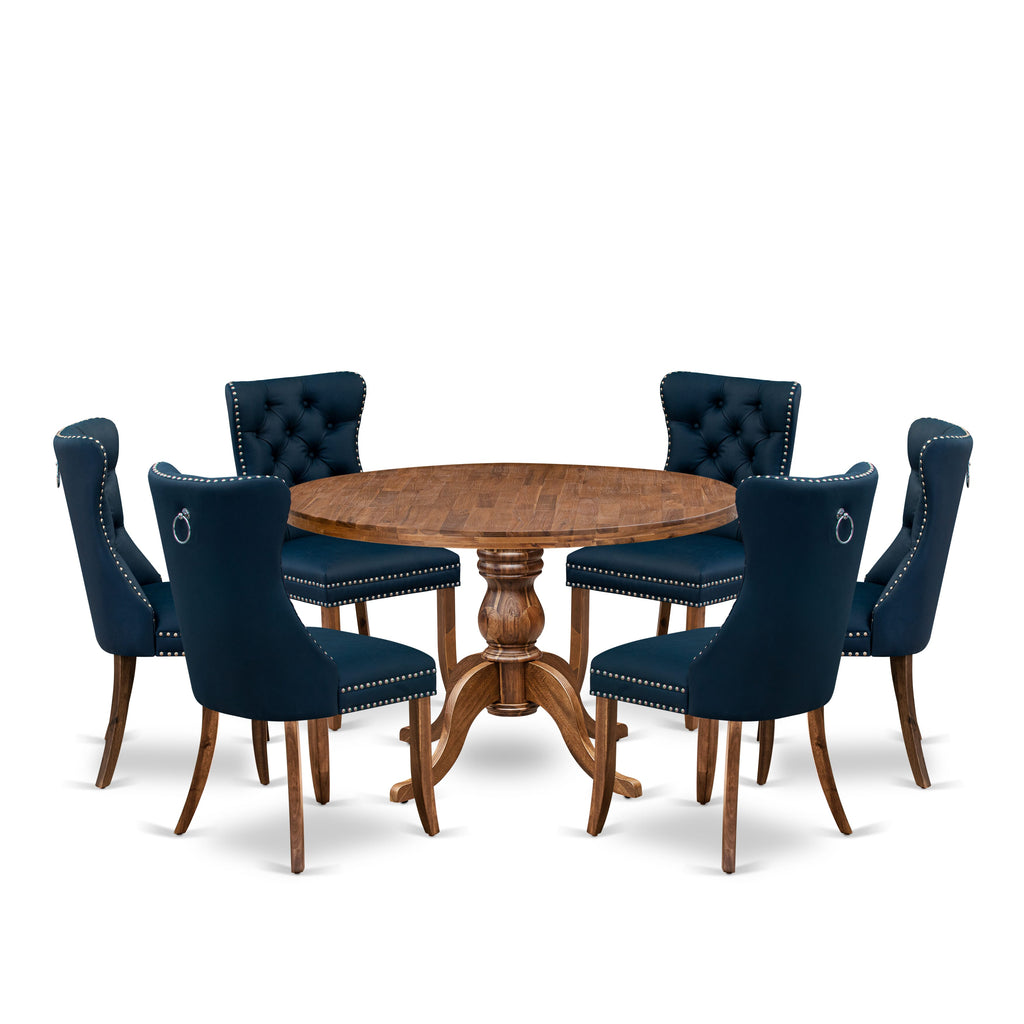 Luxe by East West Furniture I6DA7-40N-29 7-Piece Dining Set with Faux Leather 6 Navy Blue Kitchen chairs, Button-Tufted Backs, and a 48"Round Table in Antique Walnut Finish.