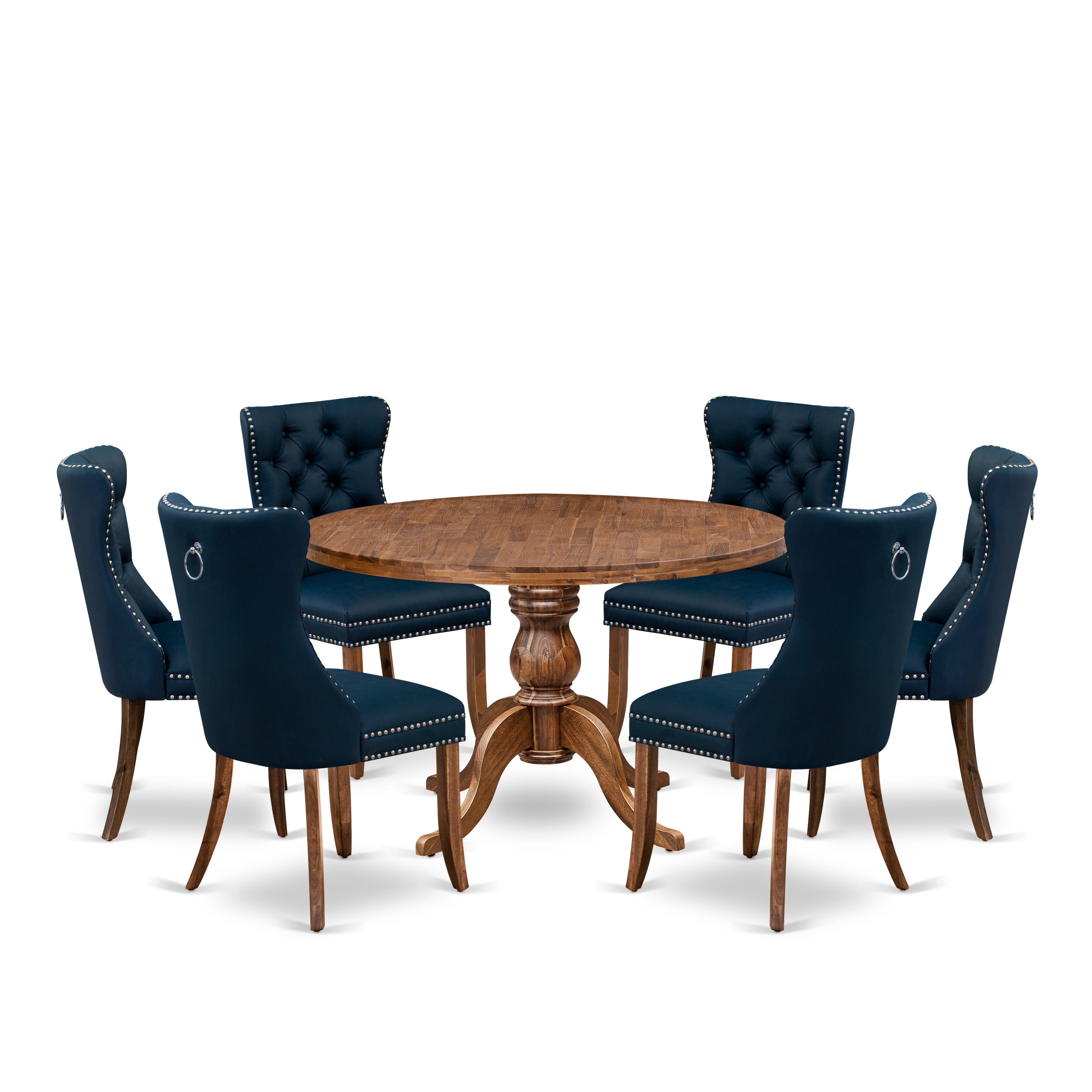 Luxe by East West Furniture I6DA7-40N-29 7-Piece Dining Set with Faux Leather 6 Navy Blue Kitchen chairs, Button-Tufted Backs, and a 48"Round Table in Antique Walnut Finish.