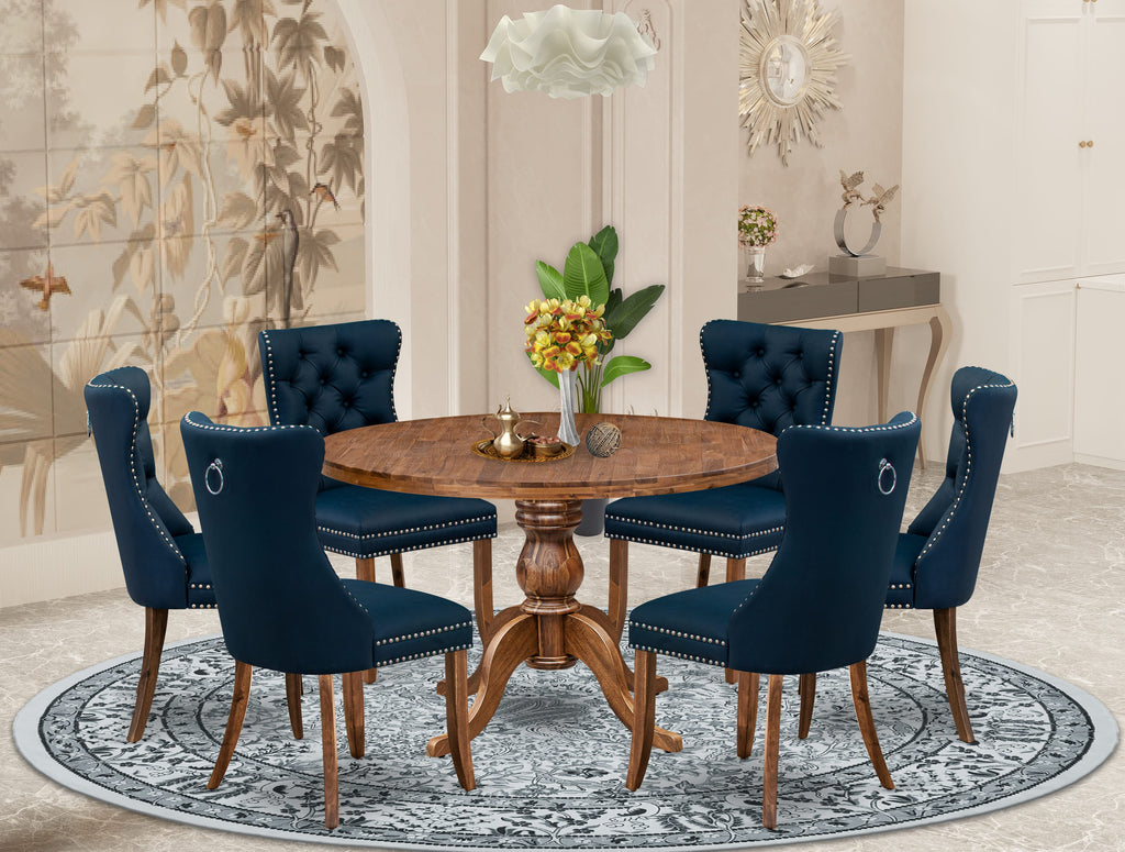 Luxe by East West Furniture I6DA7-40N-29 7-Piece Dining Set with Faux Leather 6 Navy Blue Kitchen chairs, Button-Tufted Backs, and a 48"Round Table in Antique Walnut Finish.
