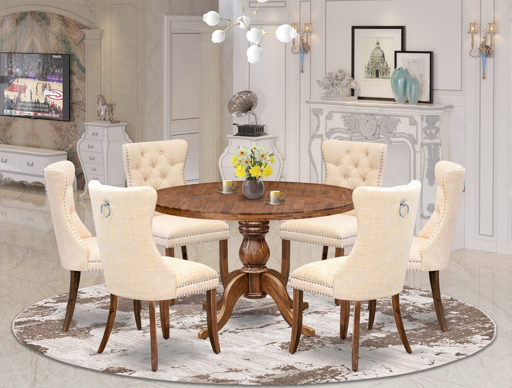 Luxe by East West Furniture I6DA7-40N-32 7-Piece Kitchen Table Set with Linen Fabric 6 Light Beige dining room chairs, Button-Tufted Backs, and a 48"Round Kitchen Table in Antique Walnut Finish.