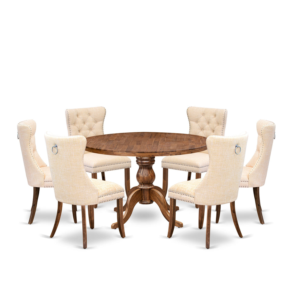 Luxe by East West Furniture I6DA7-40N-32 7-Piece Kitchen Table Set with Linen Fabric 6 Light Beige dining room chairs, Button-Tufted Backs, and a 48"Round Kitchen Table in Antique Walnut Finish.