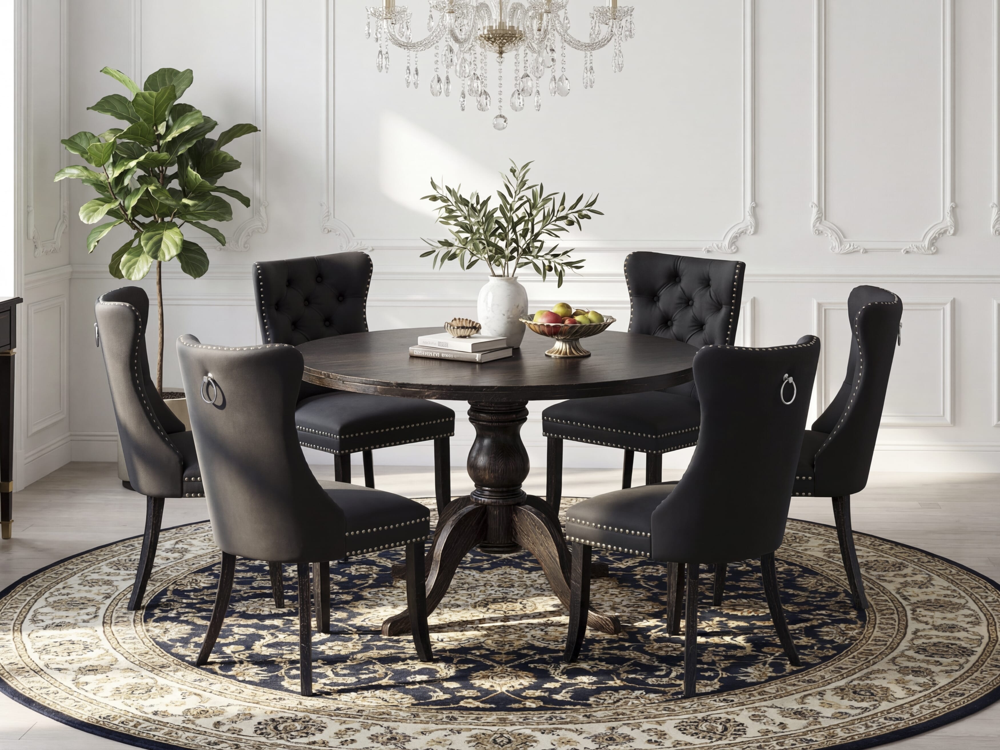 Luxe by East West Furniture I6DA7-411-12 7-Piece Dining Set with Faux Leather 6 Dark Gray upholstered dining chairs, Button-Tufted Backs, and a 48"Round Table in Sand Blasted Black Finish.