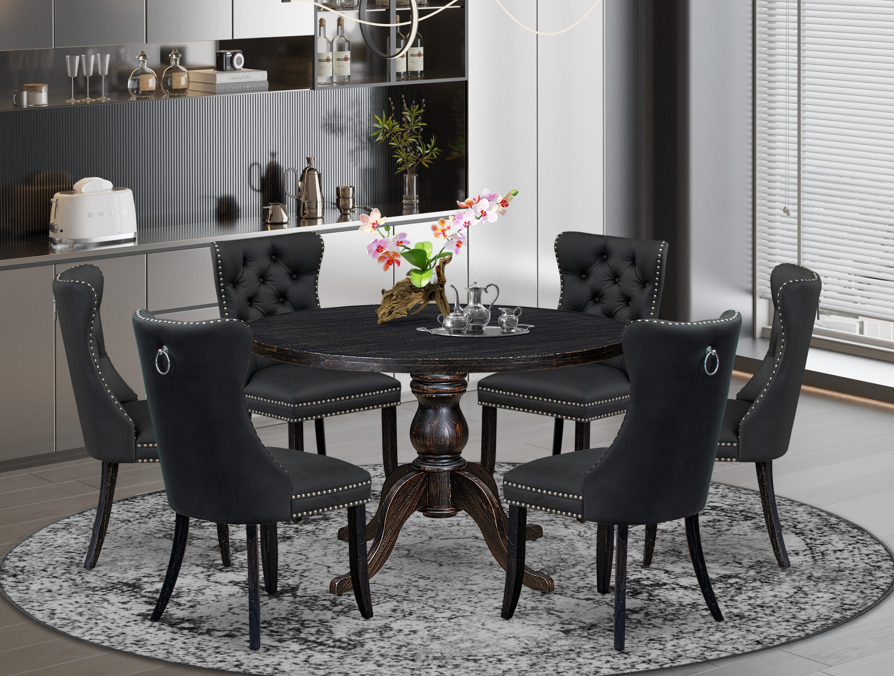Luxe by East West Furniture I6DA7-411-12 7-Piece Dining Set with Faux Leather 6 Dark Gray upholstered dining chairs, Button-Tufted Backs, and a 48"Round Table in Sand Blasted Black Finish.