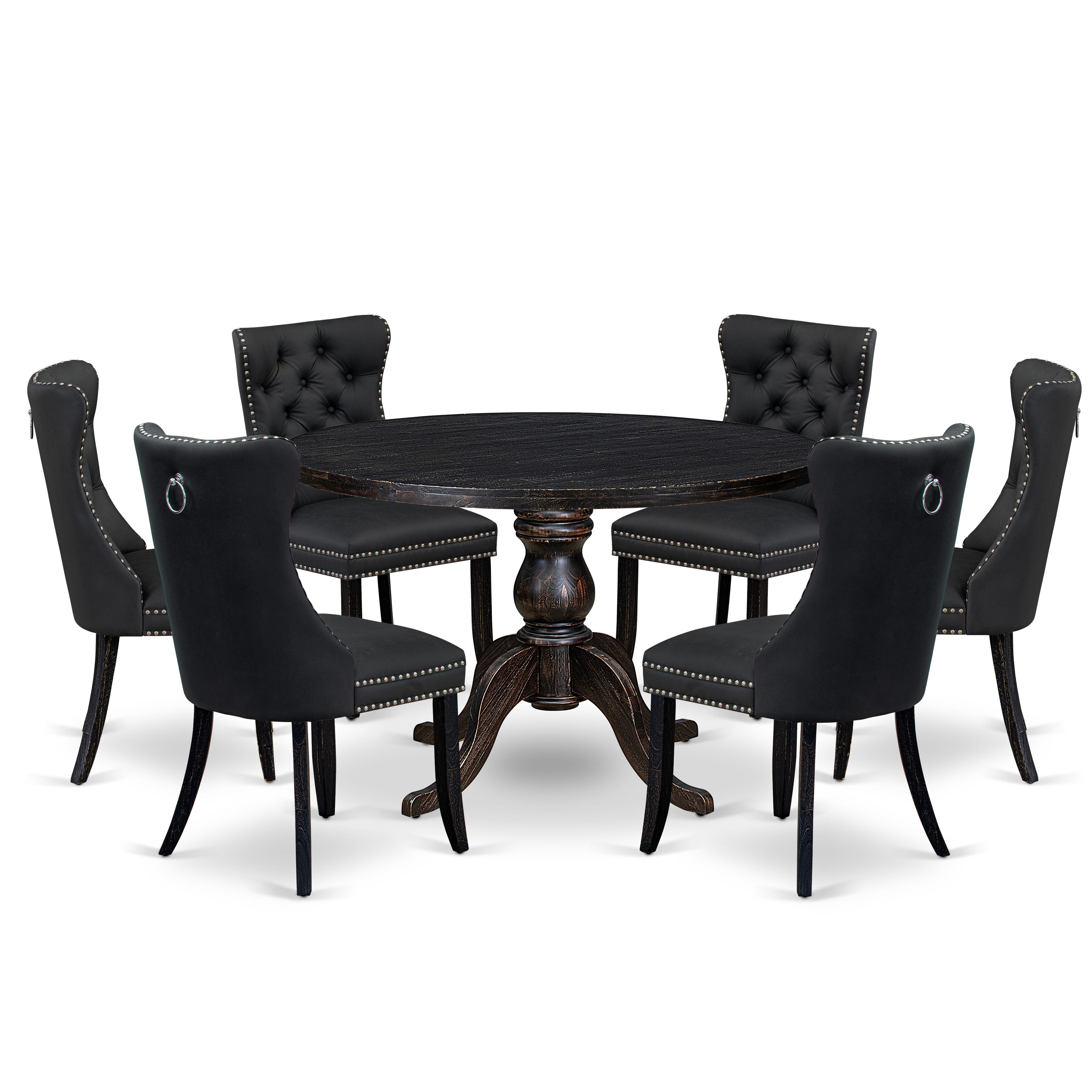 Luxe by East West Furniture I6DA7-411-12 7-Piece Dining Set with Faux Leather 6 Dark Gray upholstered dining chairs, Button-Tufted Backs, and a 48"Round Table in Sand Blasted Black Finish.