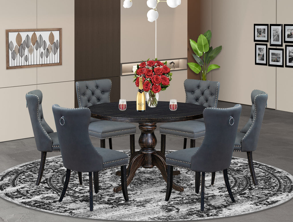 Luxe by East West Furniture I6DA7-411-13 7-piece Dining Room Set with Faux Leather 6 Platinum Gray kitchen chairs, Button-Tufted Backs, and a 48"Round Kitchen Table in Sand Blasted Black Finish.